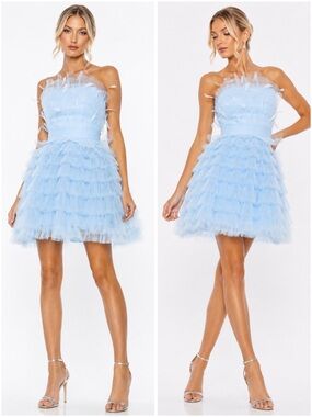Mac Duggal 20529 Powder Blue Feather Strapless Tulle Fit & Flare Dress NWT 12